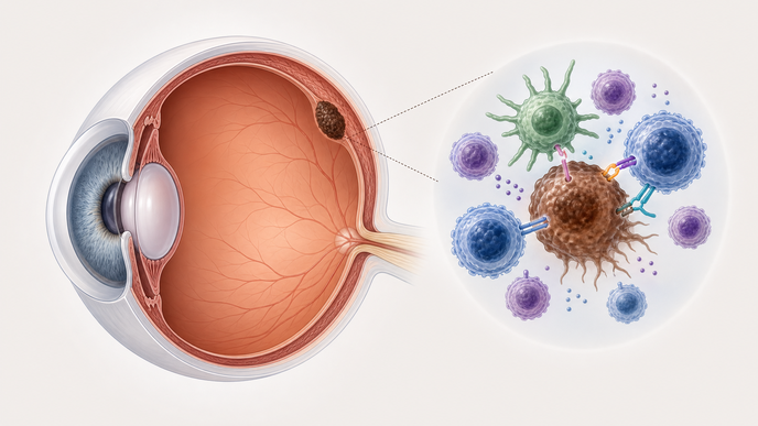 Simplified eye showing uveal melanoma with adjacent immune cells and disease activity